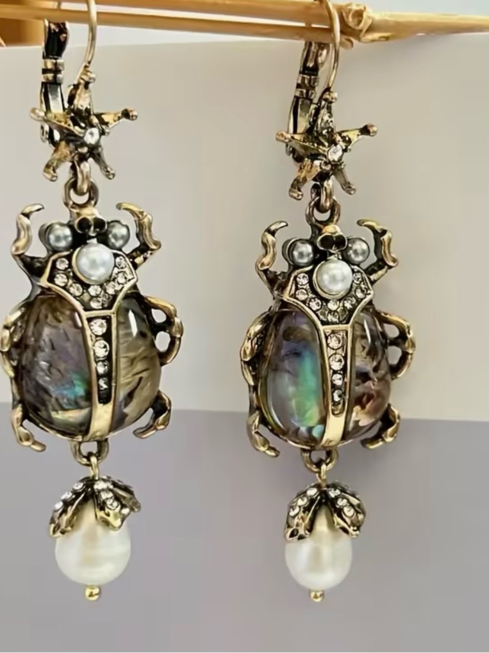 NWT Iridescent Abalone Beetle Drop Earrings with Pearl Accents
